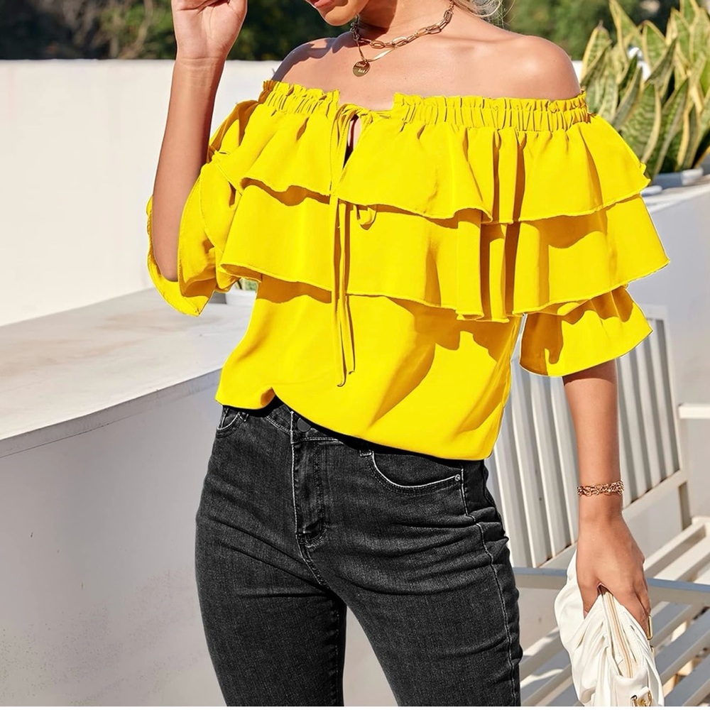 Collection B Yellow Ruffled Off-Shoulder Blouse - Picture 2 of 6